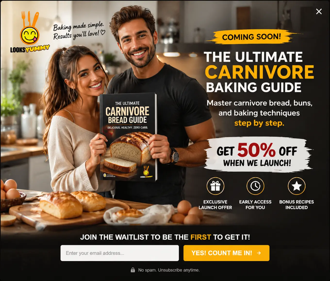 couple holding carnivore baking guide book with bread buns in kitchen