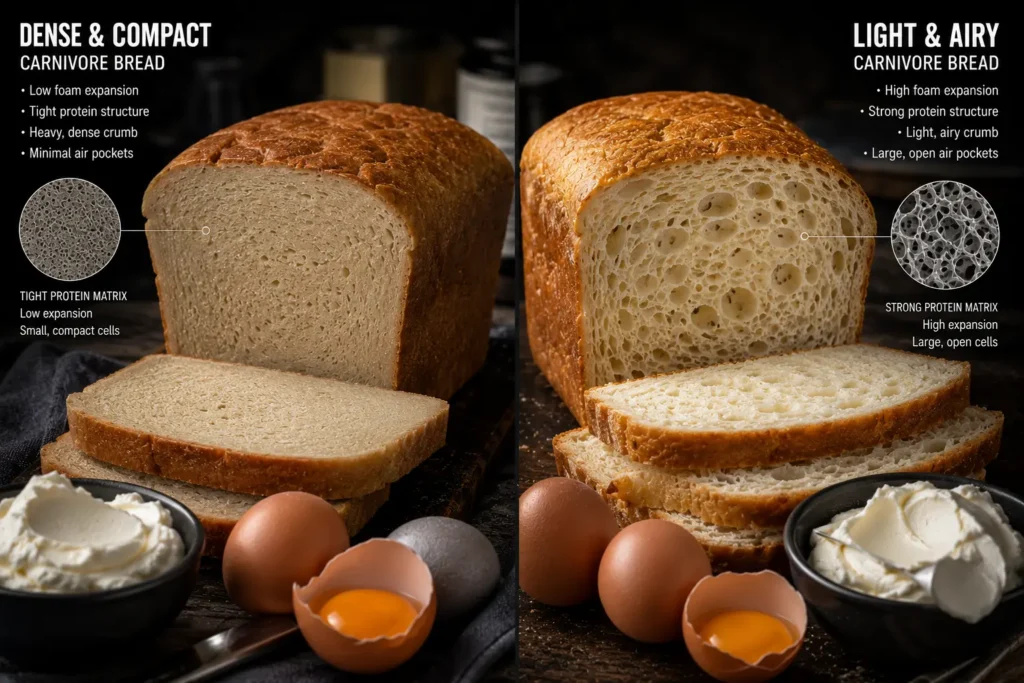 Dense carnivore bread compared to fluffy airy carnivore bread texture

