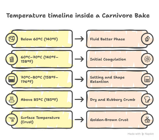 Temperature stages of a carnivore bake showing raw, partially baked, and fully cooked texture progression
