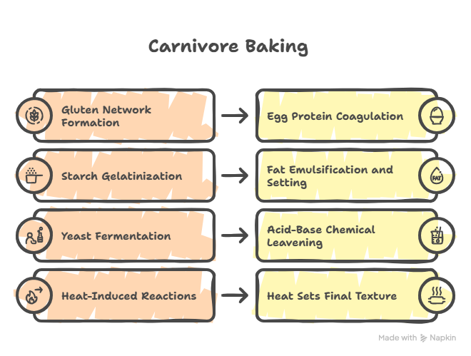 Carnivore baking ingredients including eggs, butter, and meat arranged to illustrate the science behind low-carb baking