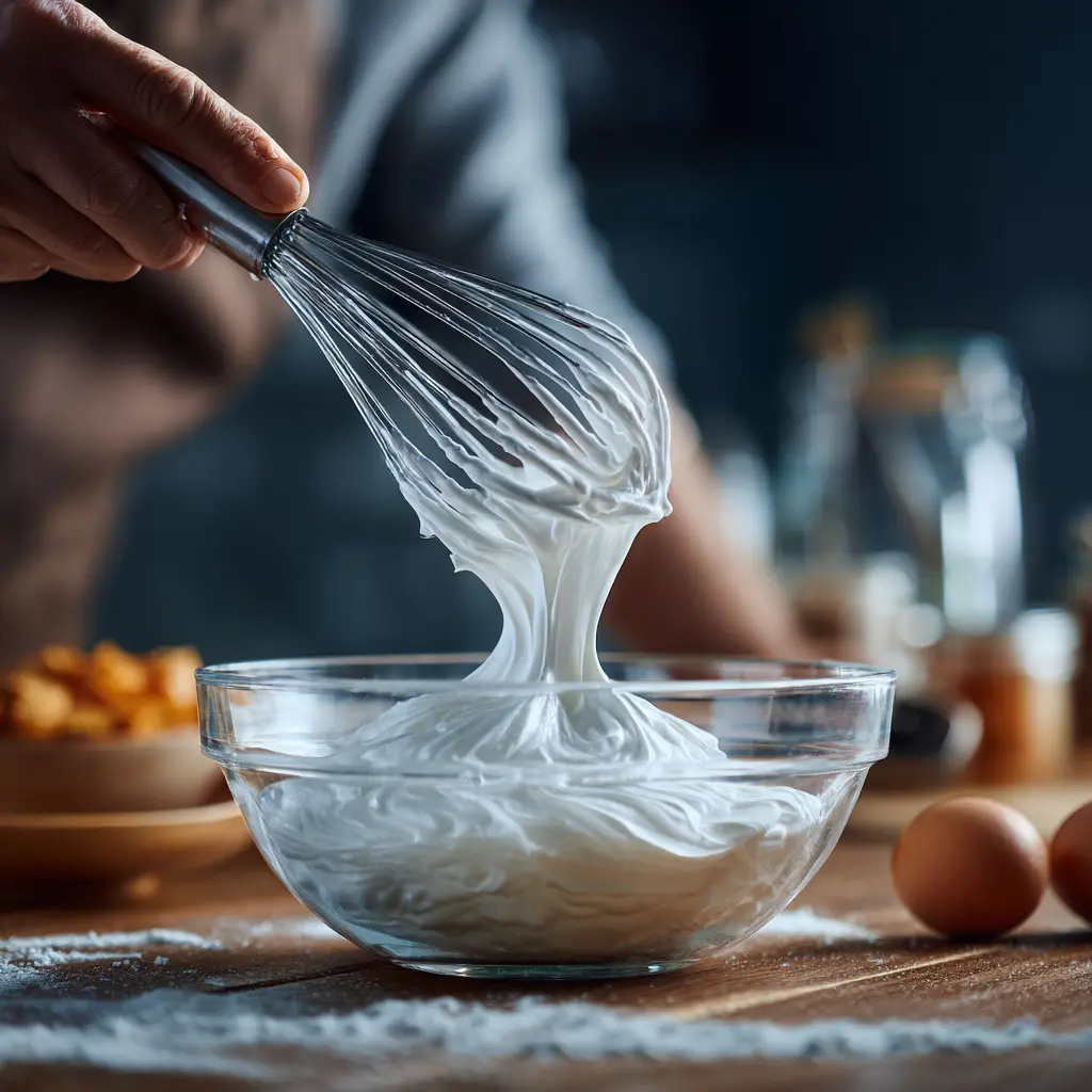 Proper glossy stiff egg white peaks during whipping