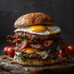 Carnivore burger meal with beef patties, bacon and eggs