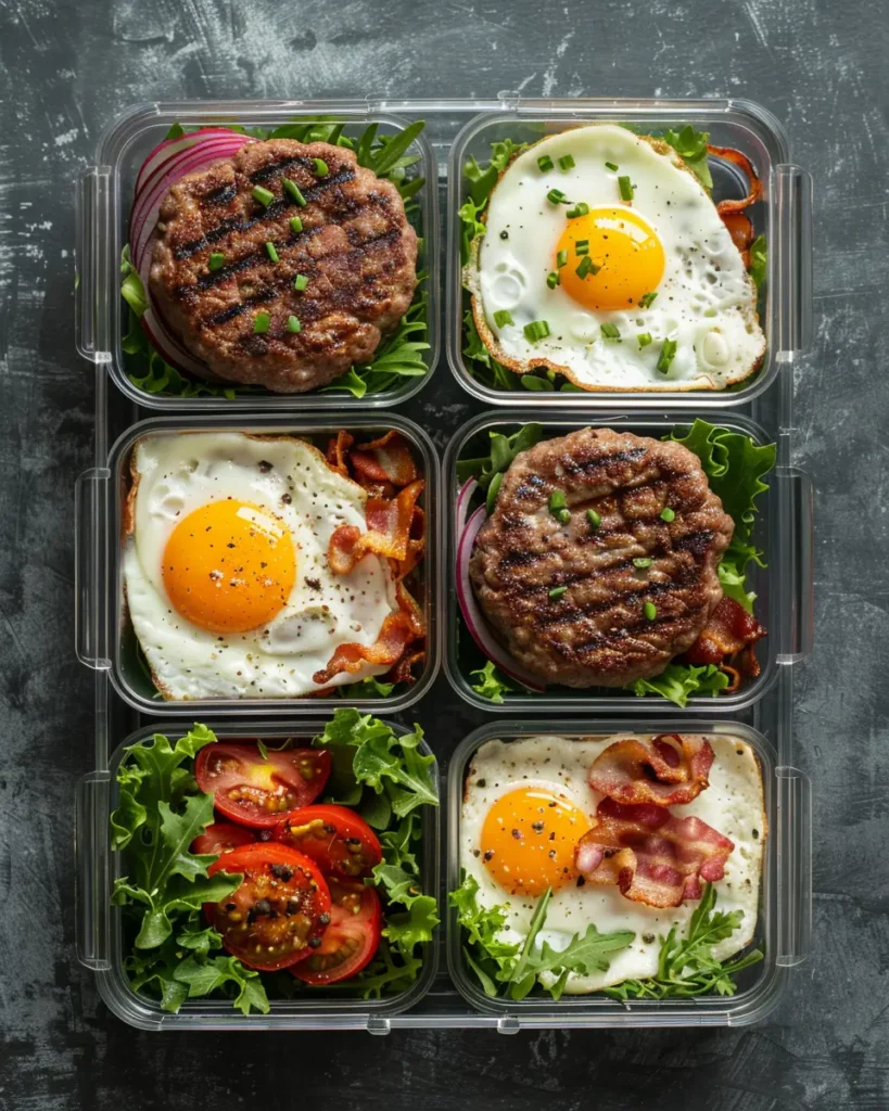Carnivore burger meal prep containers with separate components