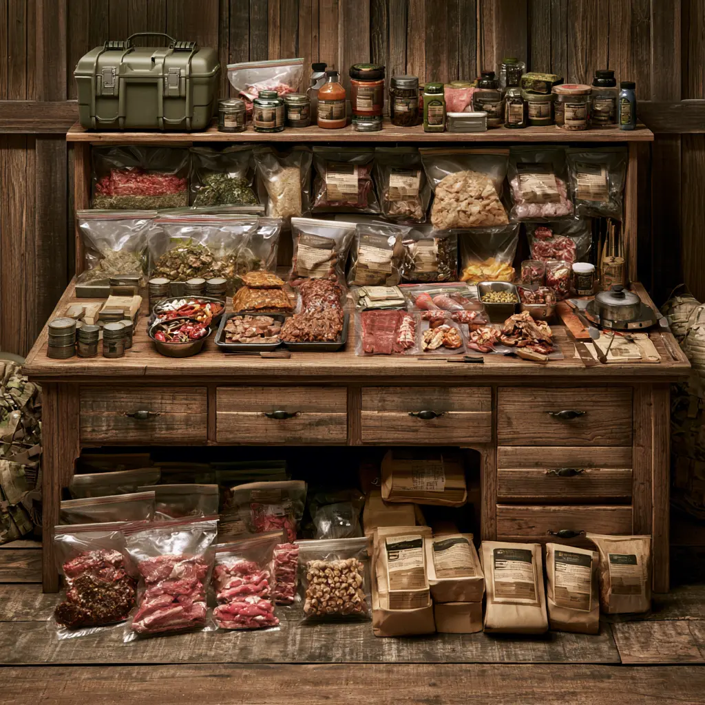 Vacuum-sealed carnivore foods prepared for field deployment