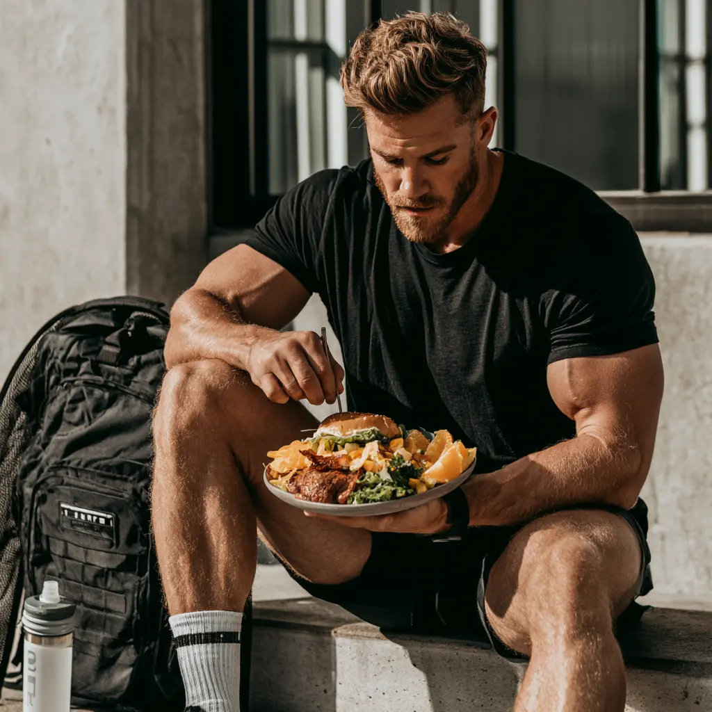 Athlete eating a carnivore meal after training