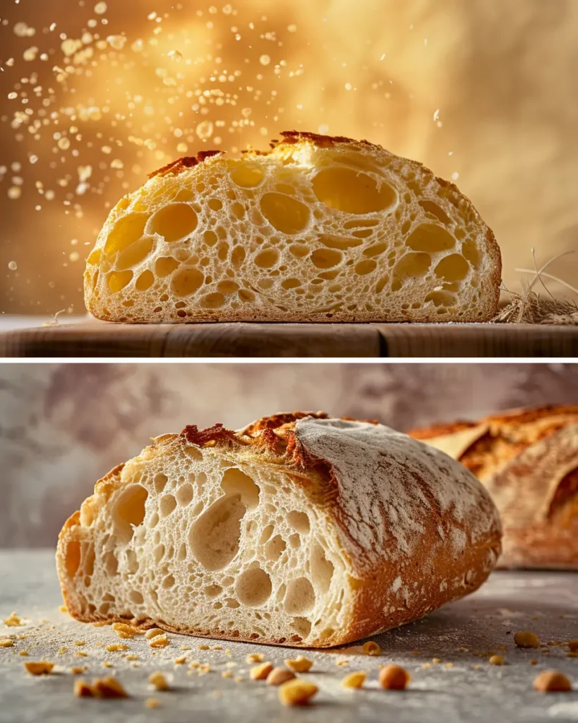 Collapsed natural rise bread compared to over-leavened bread