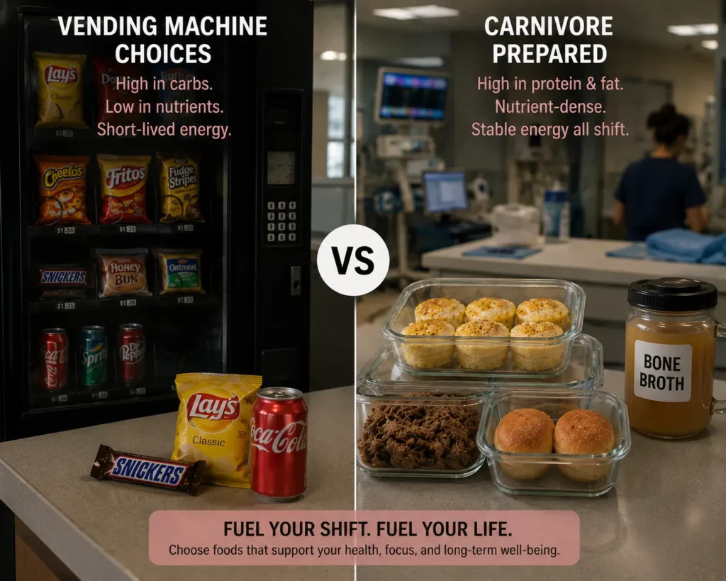 Carnivore Recipes for Healthcare Workers: 8 Easy Meals for Steady Energy During 12-Hour Shifts 8 Carnivore meal prep compared with vending machine snacks