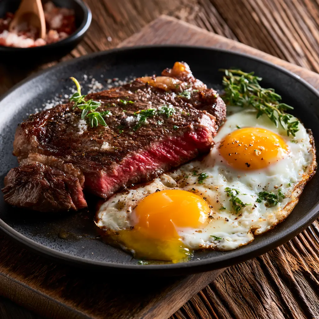 Steak and eggs recovery meal after training