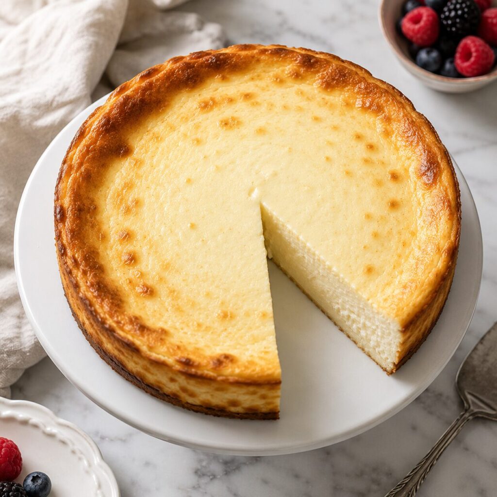 Creamy 2 ingredient Greek yogurt cheesecake with a smooth sliced interior