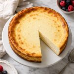 Creamy 2 ingredient Greek yogurt cheesecake with a smooth sliced interior