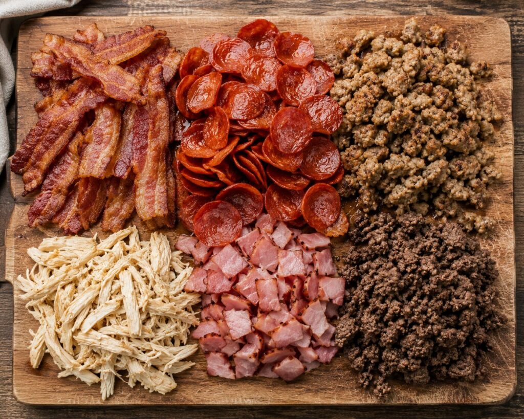 Meat toppings for carnivore pizza .