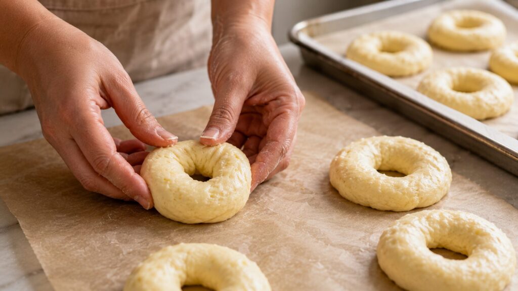 Carnivore Bagels (Chewy, Fluffy & Easy 3-Ingredient Recipe) 12 Hands shaping carnivore bagel dough into evenly sized rings.