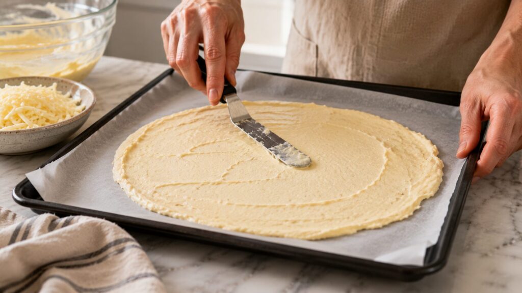 Carnivore Flatbread (3-Ingredient, Zero-Carb, Foolproof) 26 Spreading carnivore flatbread batter evenly on a baking tray