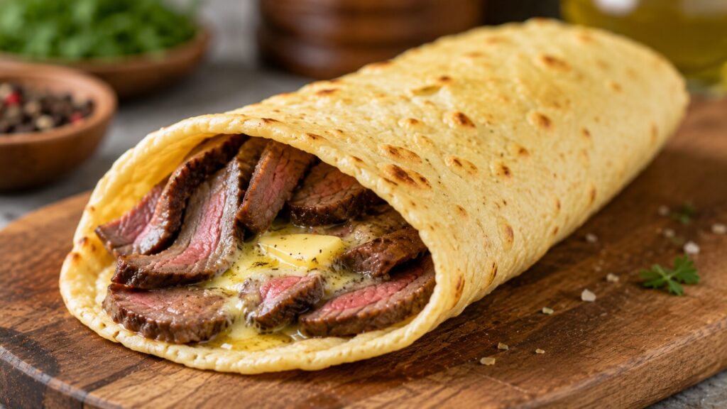 Carnivore Flatbread (3-Ingredient, Zero-Carb, Foolproof) 31 Carnivore flatbread filled with sliced steak