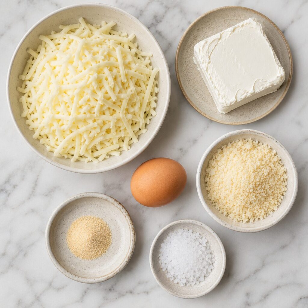 Mozzarella, cream cheese, egg and Parmesan for carnivore pizza dough