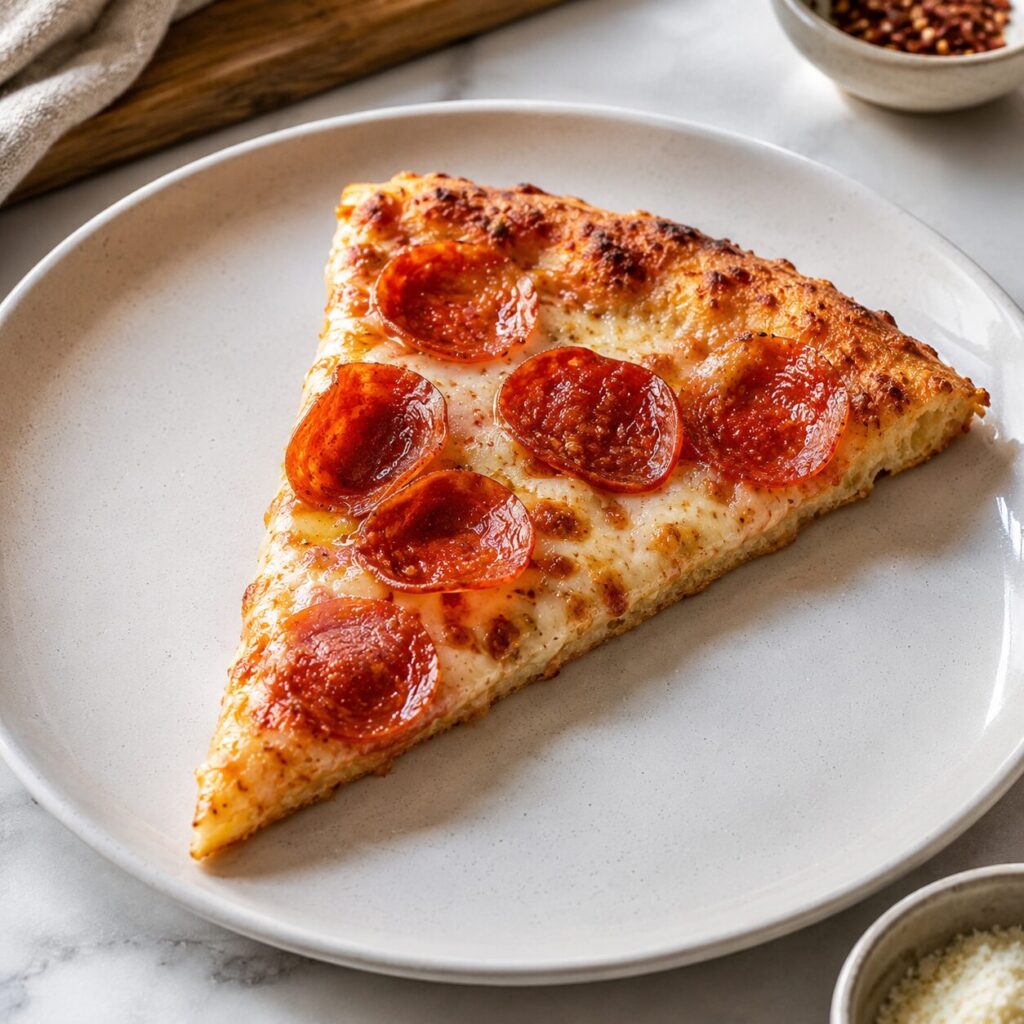 Slice of carnivore pizza with crispy cheese crust