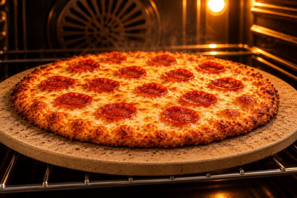 Carnivore pizza baking on a pizza stone