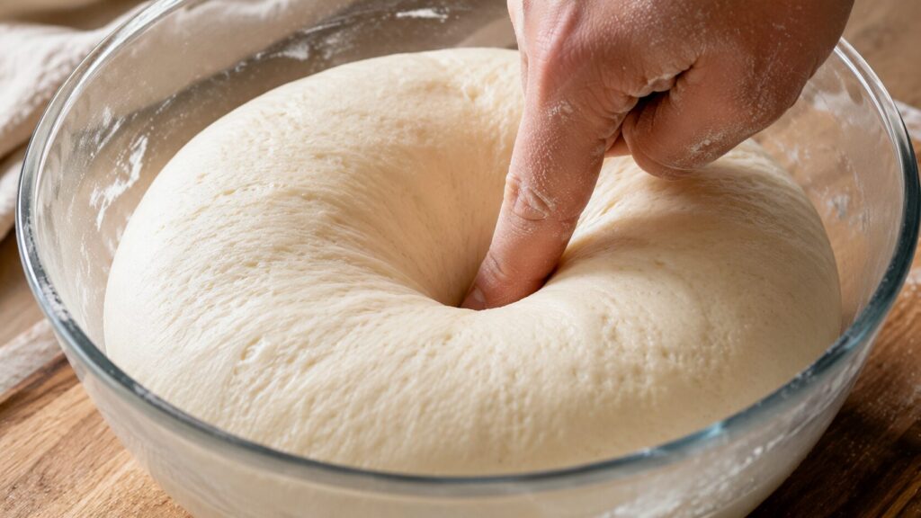 Finger poke test showing properly proofed bread dough