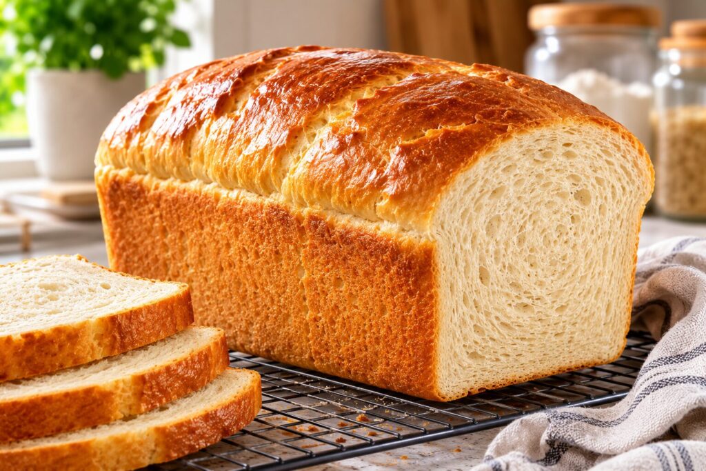 Fresh homemade high protein sandwich bread cooling after baking