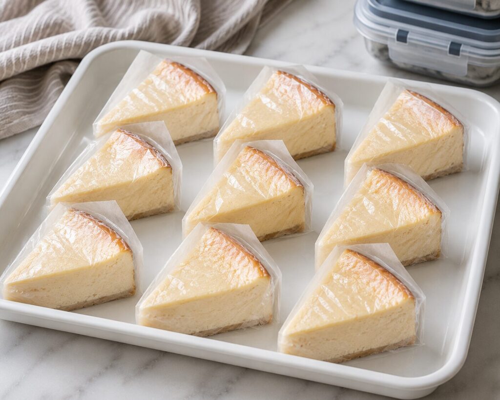 Wrapped cheesecake slices ready for freezing