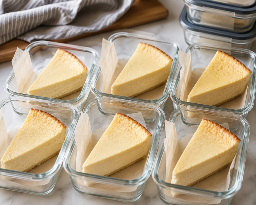 Cheesecake slices stored in meal prep containers