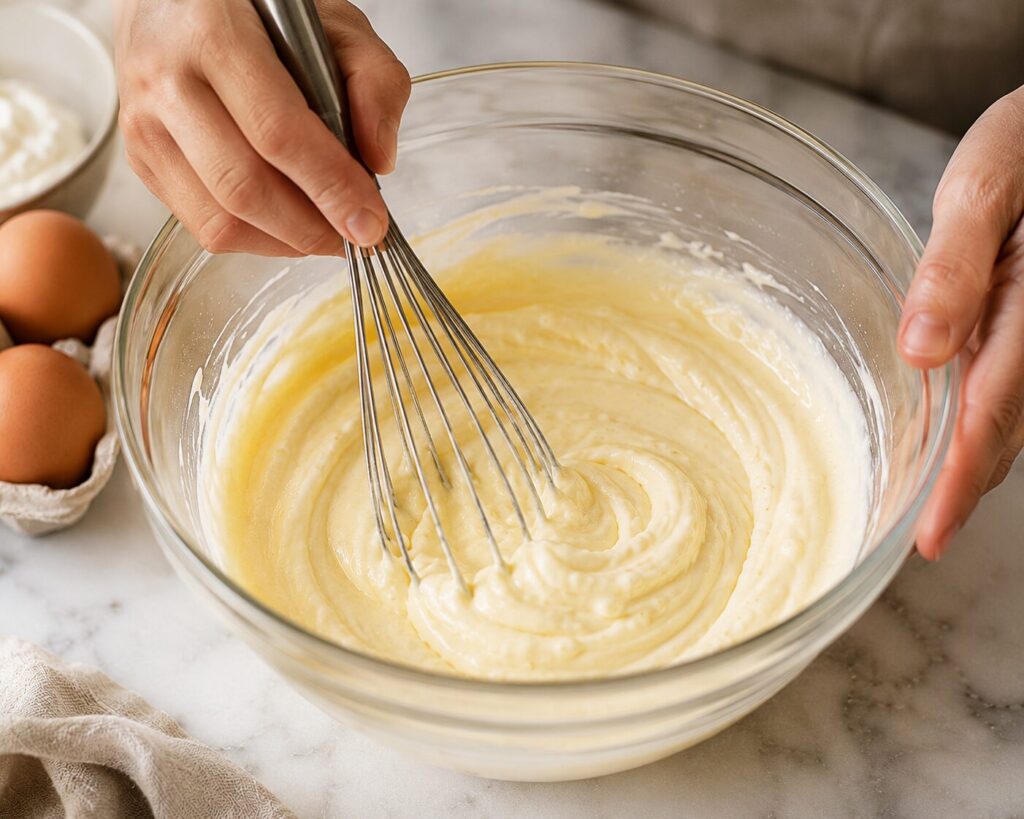 Mixing Greek yogurt and eggs into a smooth cheesecake batter
