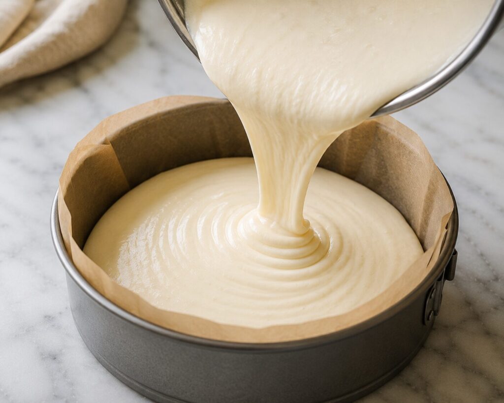 Pouring Greek yogurt cheesecake batter into a baking pan
