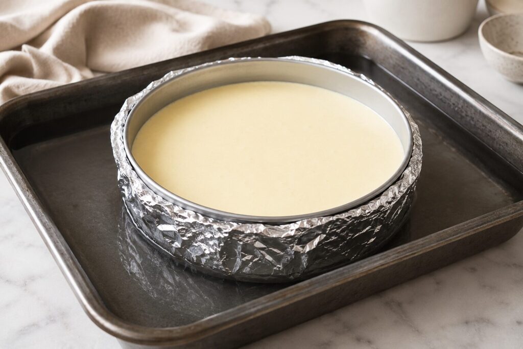 Cheesecake pan prepared inside a hot water bath