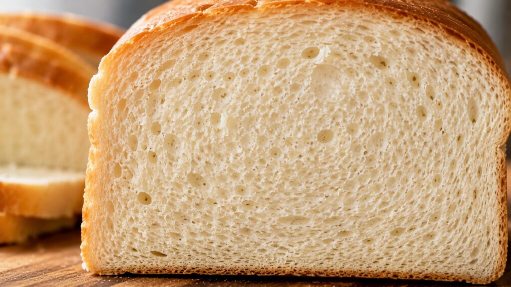 Close-up of the soft crumb inside homemade high protein bread