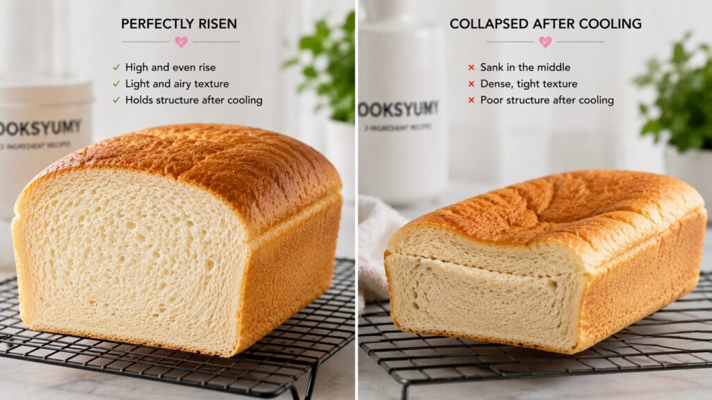 High Protein Egg White Bread (Light, Fluffy & Never Collapses) 5 Comparison of a perfect loaf and a collapsed High Protein Egg White Bread.