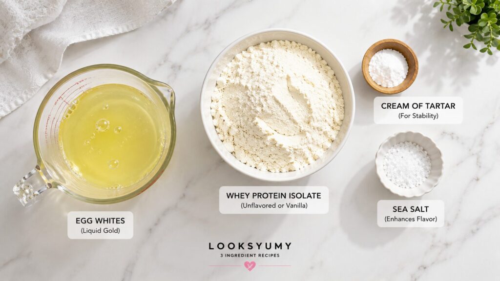 High Protein Egg White Bread (Light, Fluffy & Never Collapses) 3 Egg whites, whey protein isolate, cream of tartar and salt used to make High Protein Egg White Bread.