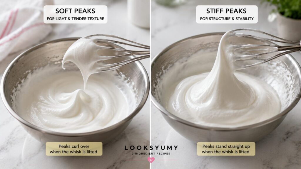 High Protein Egg White Bread (Light, Fluffy & Never Collapses) 4 Side-by-side comparison of soft and stiff egg white peaks for High Protein Egg White Bread.