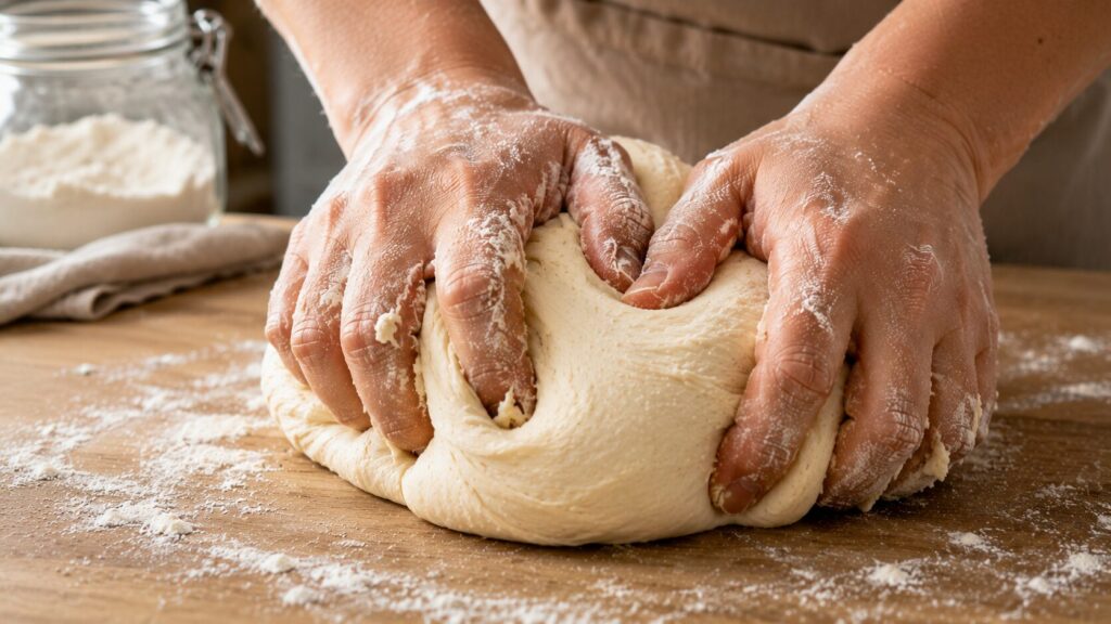 Kneading homemade high protein bread dough until smooth