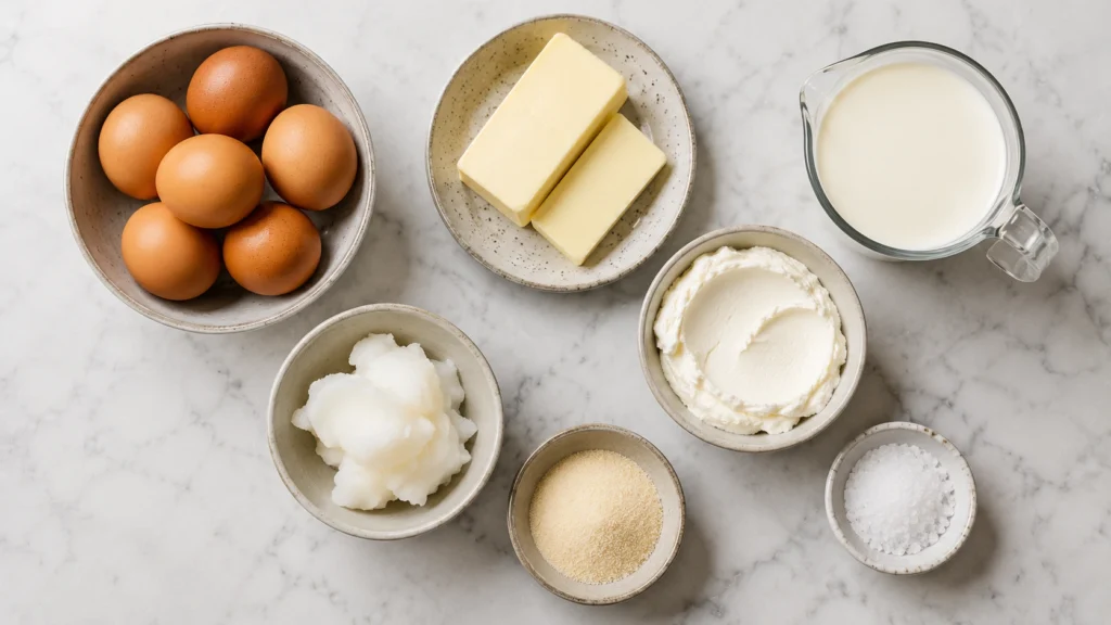 ingredients for carnivore brownies including eggs butter cream cheese and gelatin