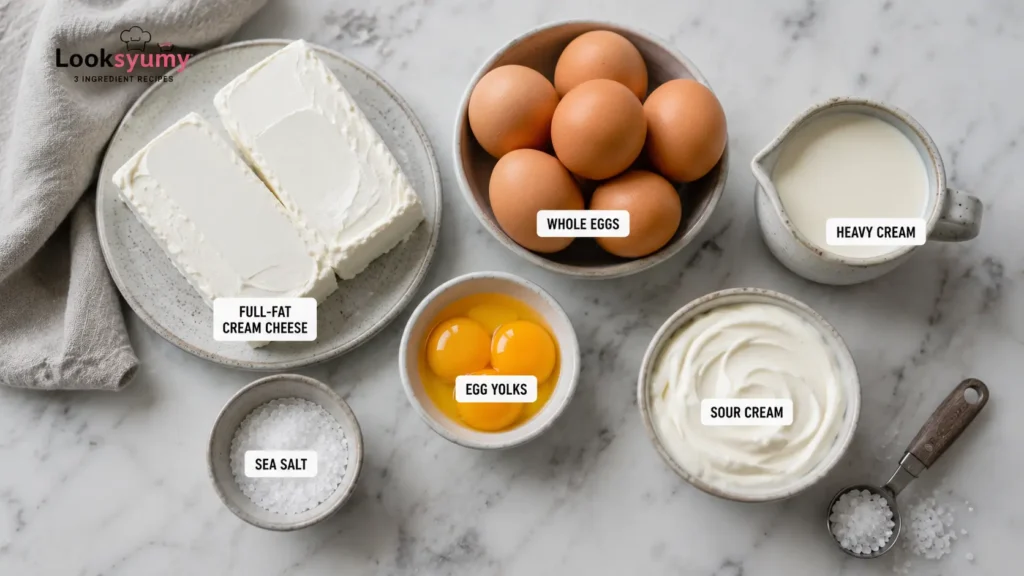 ingredients for carnivore cheesecake including cream cheese eggs heavy cream