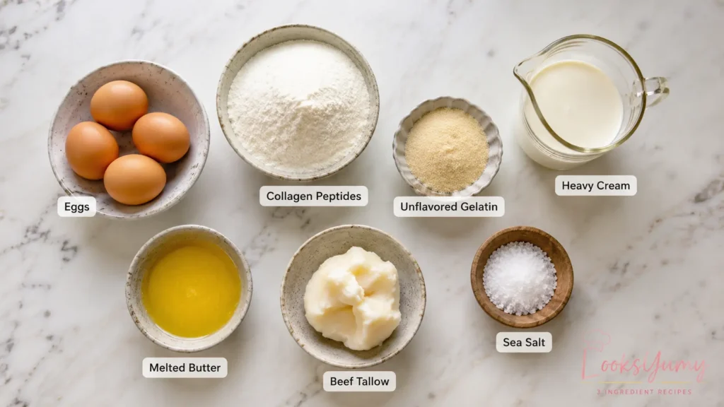 ingredients for zero carb carnivore crepes including eggs collagen heavy cream butter and gelatin