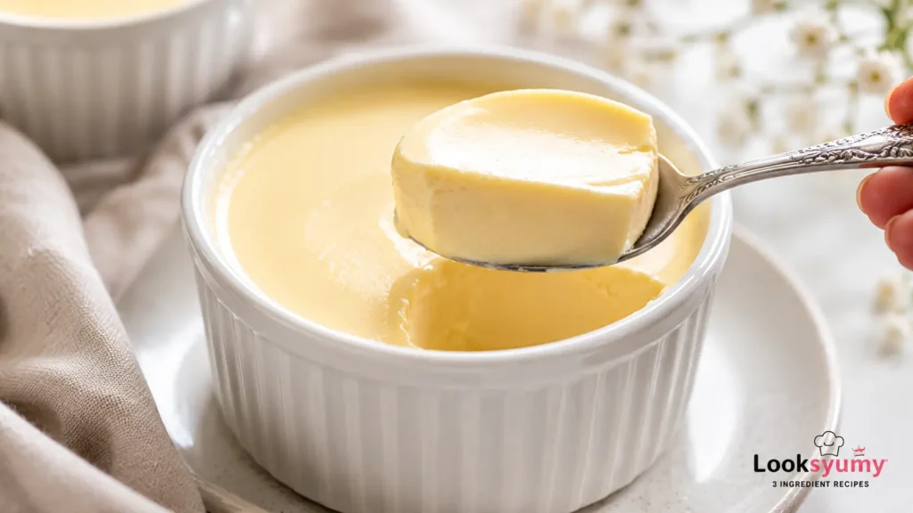 silky carnivore custard served in a white ramekin with a creamy spoonful