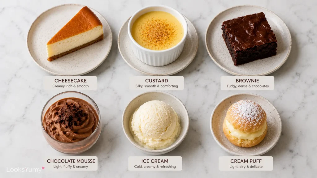 Carnivore Desserts: 25+ Easy Recipes That Actually Taste Amazing 4 texture comparison of cheesecake custard brownies mousse ice cream and cream puffs