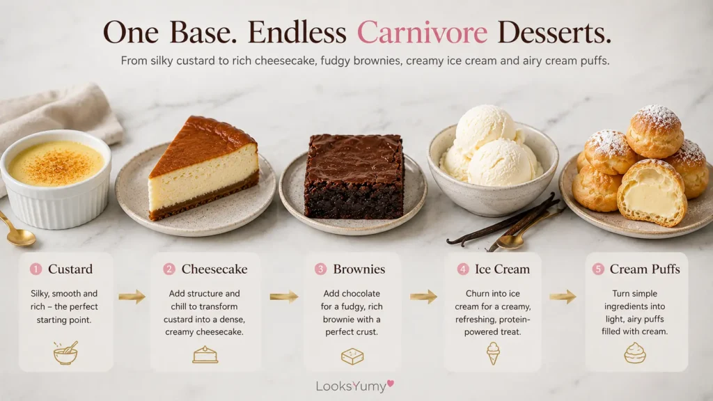 Carnivore Desserts: 25+ Easy Recipes That Actually Taste Amazing 2 collection of carnivore desserts including cheesecake custard brownies mousse ice cream cream puffs and crepes