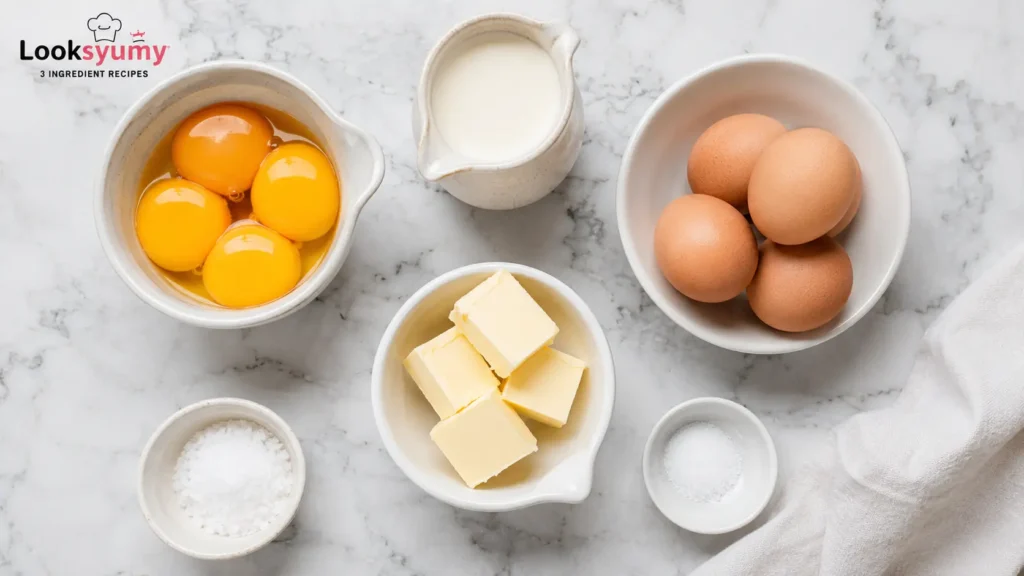 ingredients for carnivore custard including eggs heavy cream butter and salt