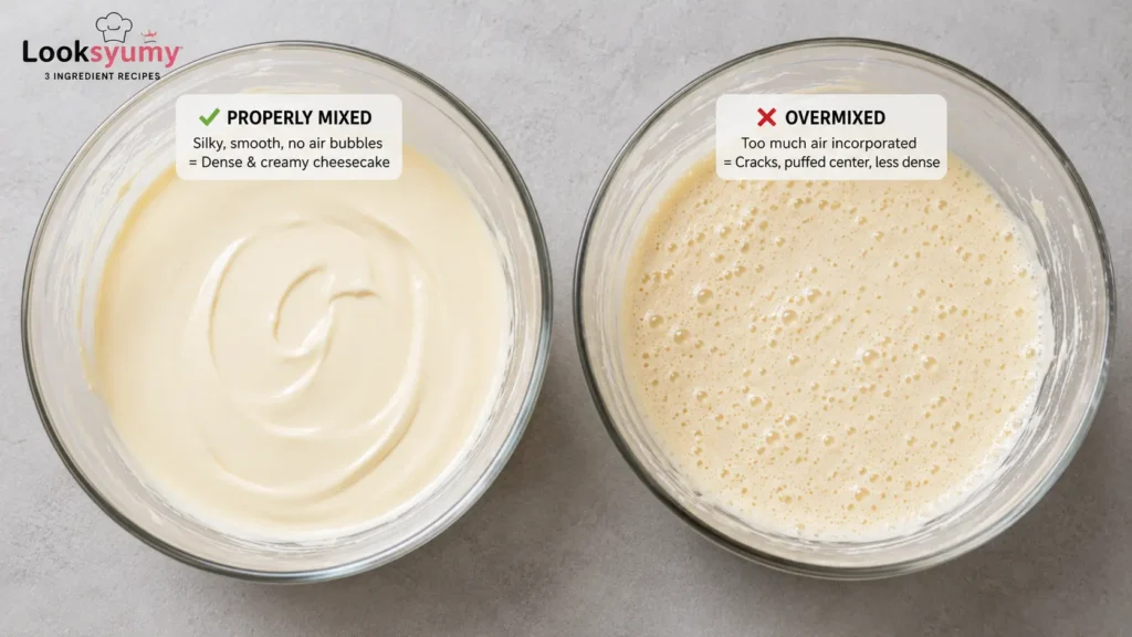 smooth cheesecake batter compared with overmixed batter