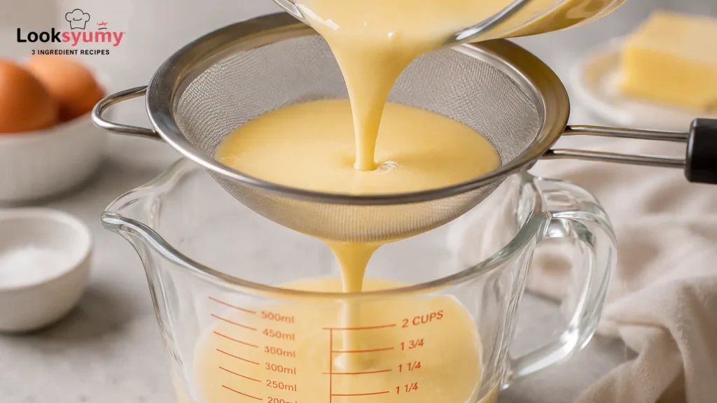 straining carnivore custard mixture through a fine mesh sieve