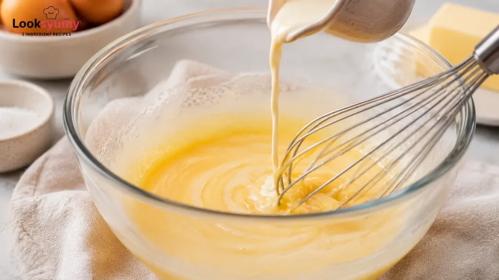 slowly tempering eggs with warm heavy cream for carnivore custard