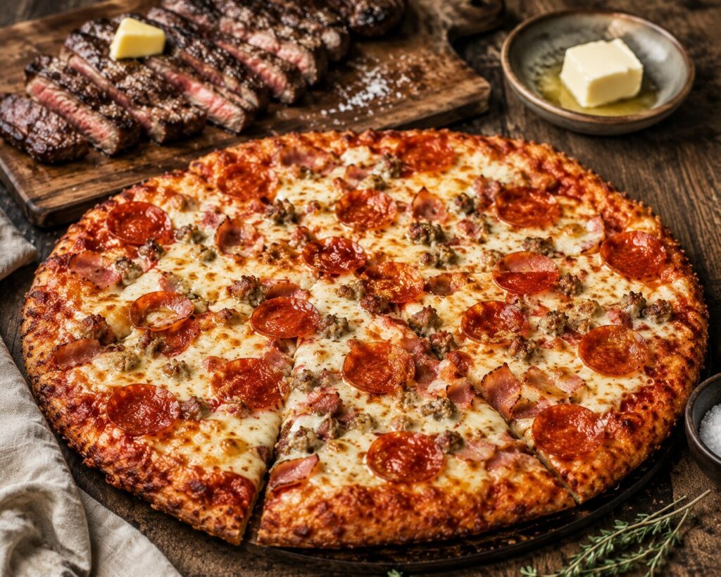 Carnivore pizza served with steak and butter