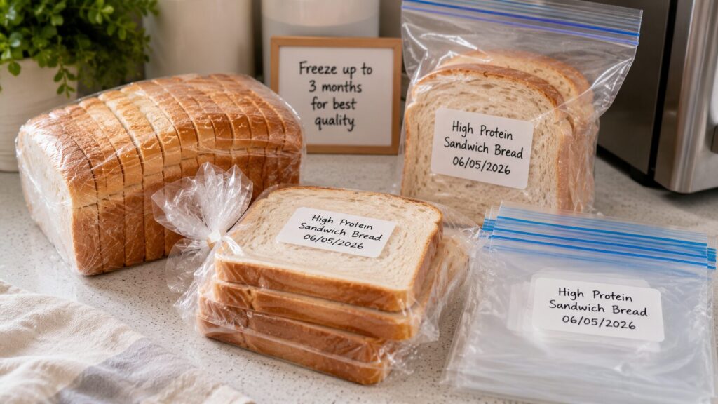 Homemade high protein bread prepared for freezing and storage