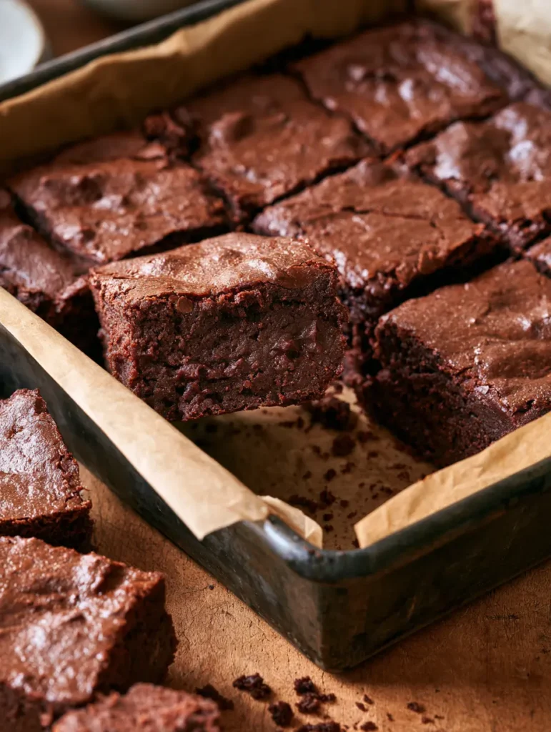 Freshly baked 3 ingredient low carb brownies with a fudgy center