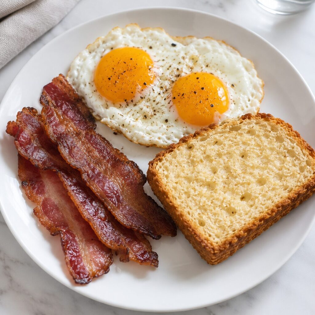 Simple carnivore plate with eggs, bacon, and bread