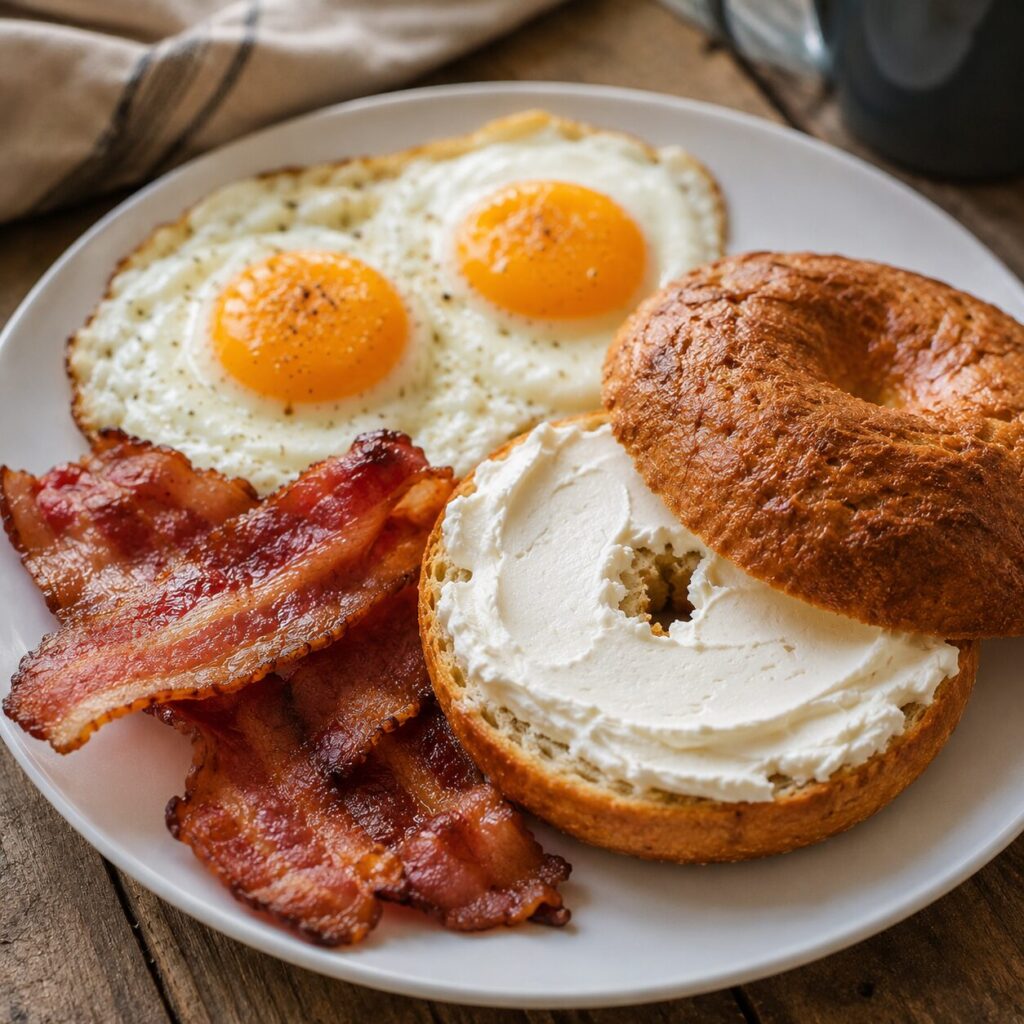 Carnivore breakfast spread with eggs, bacon, and a bagel