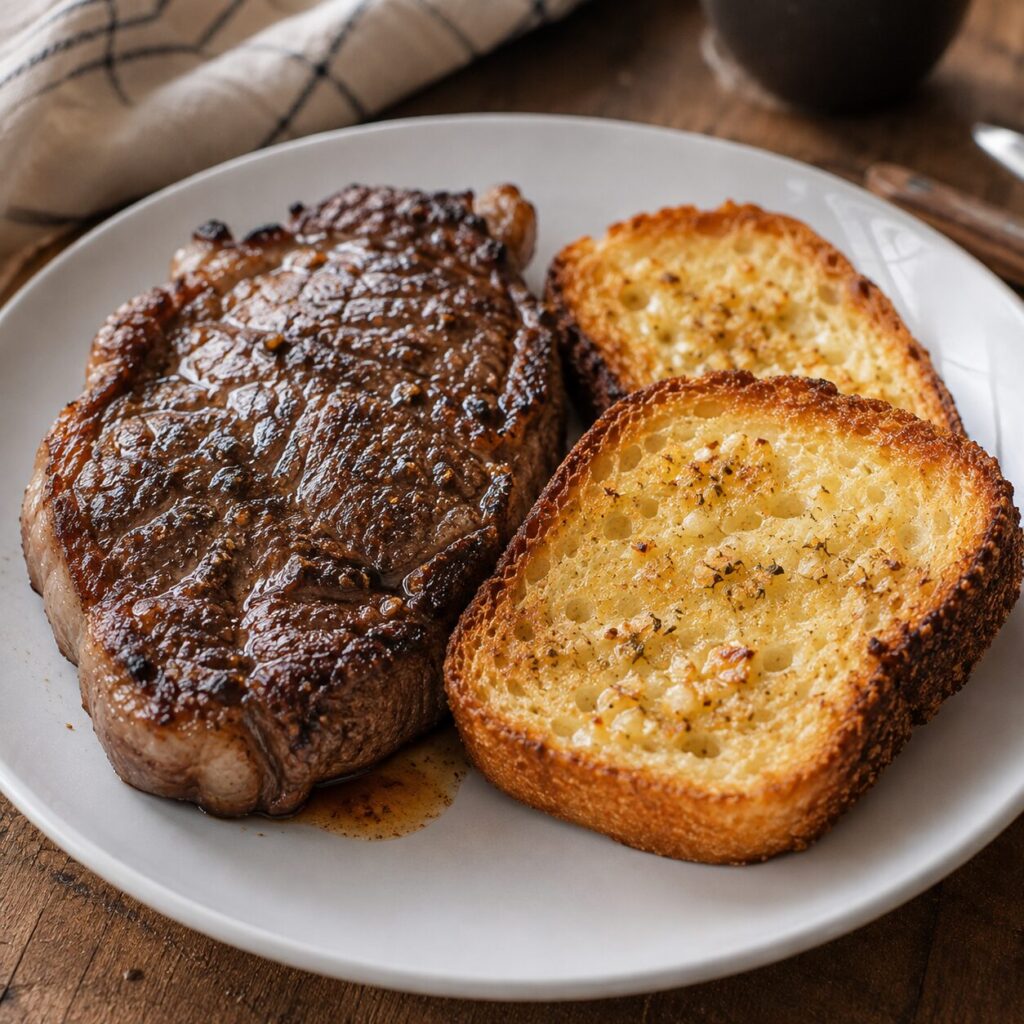 Seared steak plated with a side of carnivore garlic bread