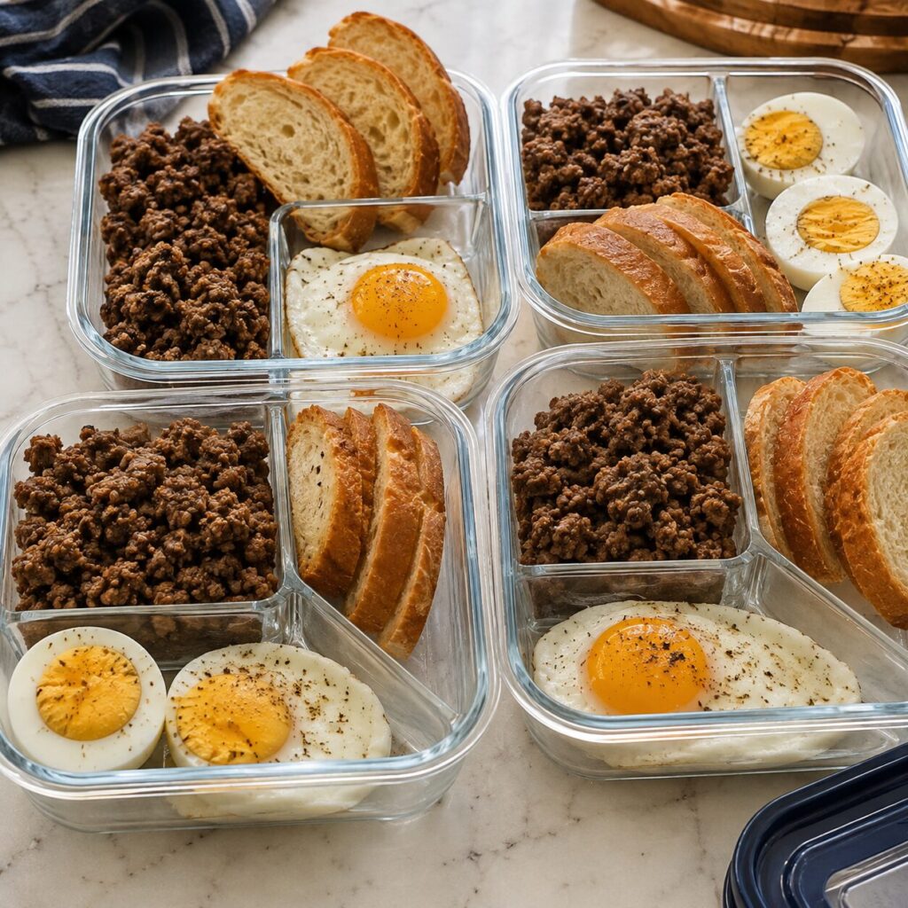 Meal-prepped containers with carnivore proteins and baked goods
